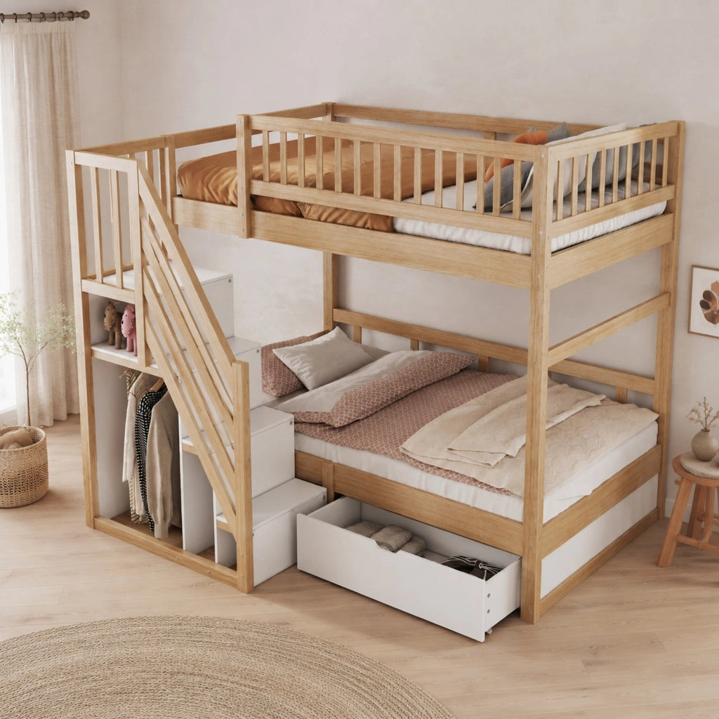 Letto a castello 90x200 cm in legno con scala contenitore
