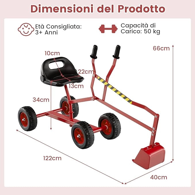 Escavatore Giocattolo, Ruspa Cavalcabile per Bambini con Comandi a 2 Mani e Pala Flessibile, Sedile Rotante 360°, 4 Ruote, per Bambini 3 Anni+ (con Ruote Rosso)