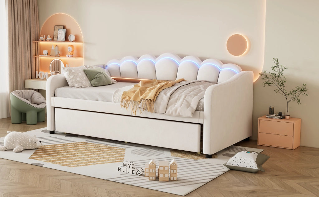 DESMIU Litto nido 90 × 200 cm 1 posto con LED regolabile, senza materasso, in velluto beige
