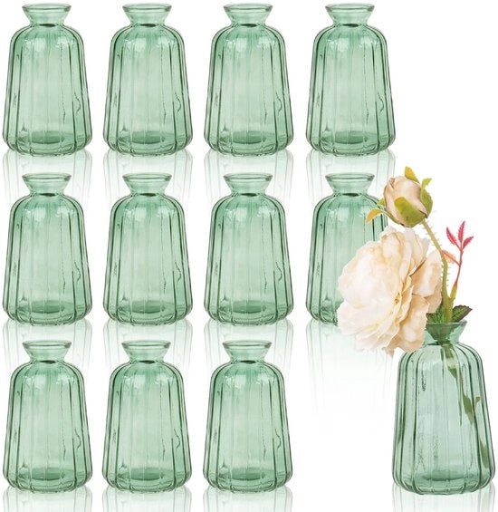 Mini vasi per decorazione di tavola, 12 pezzi di mini vasi in vetro per decorazione di tavola di matrimonio (11 × 6,5 cm, verde chiaro)