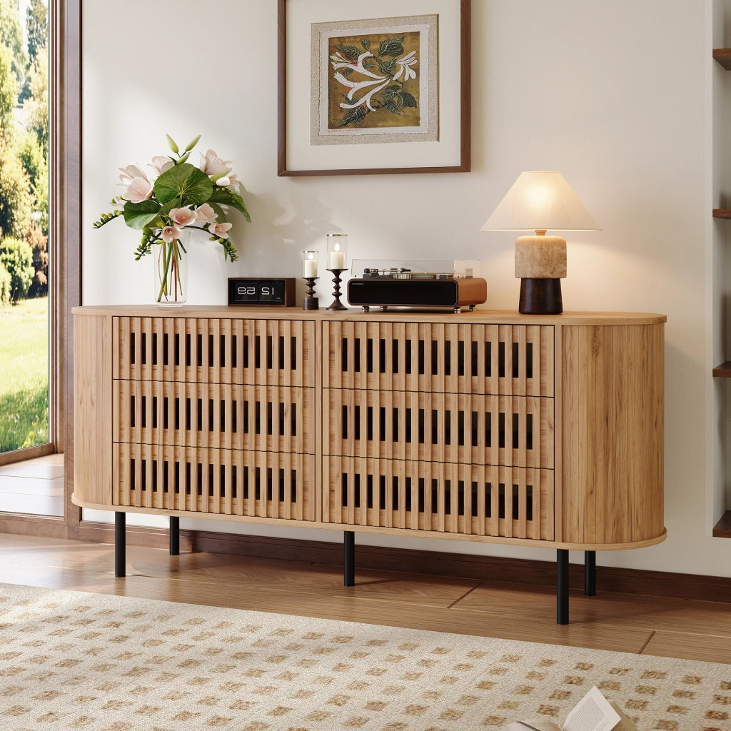 Credenza con 6 cassetti; per soggiorno e ingresso; in MDF; 160x40x70 cm; naturale