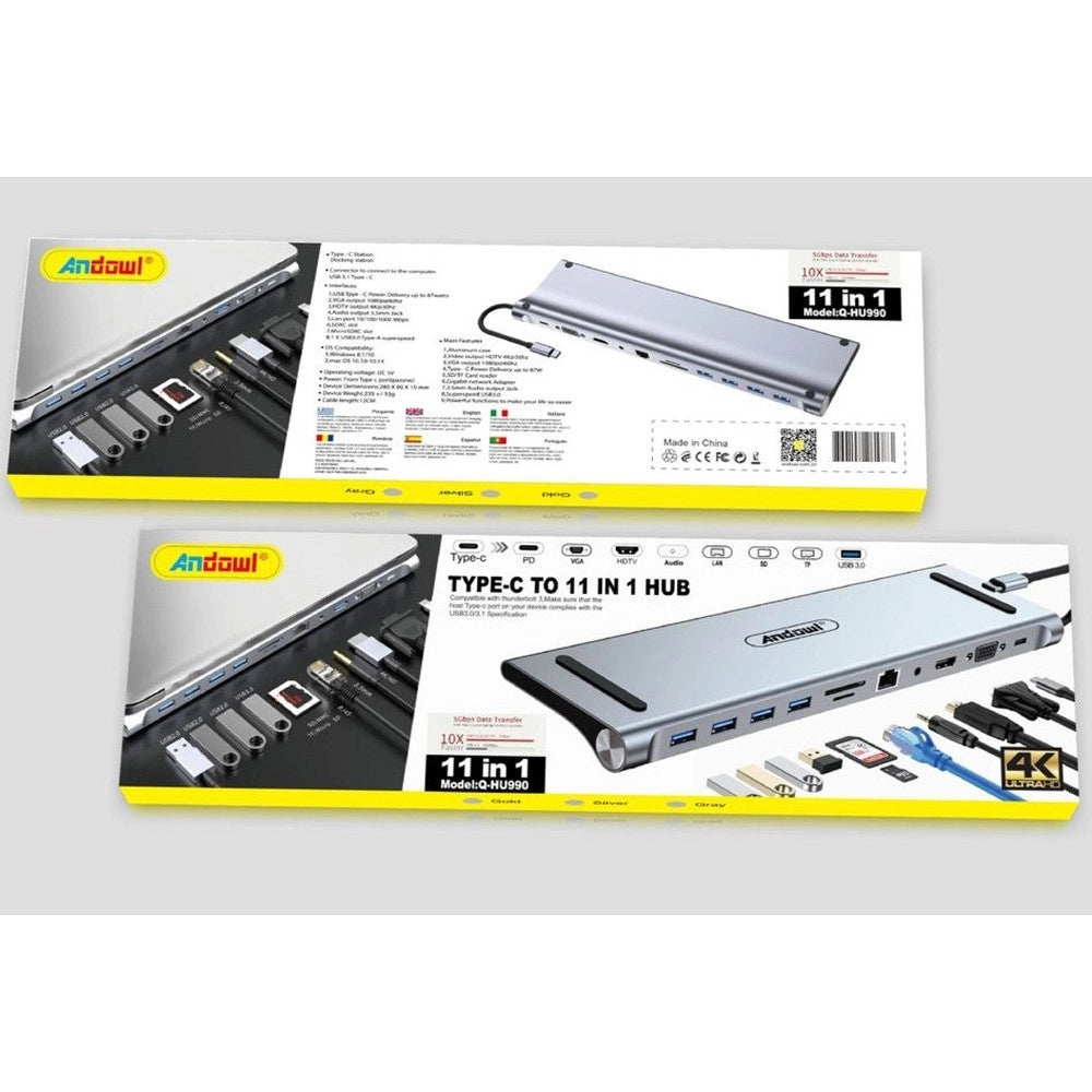 Trade Shop - Hub 11 In 1 Usb Type C Adattatore Con Hdmi 4k Vga Ethernet Lan Sd Audio Pd Hu990 -
