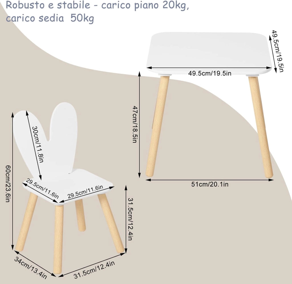 Tavolino e Sedie per Bambini con 2 Sedie, per Mangiare e Dipingere, Forma di Coniglio, Cameretta, Asili Nidi, in MDF e Legno Massello, Bianco e Venature Legno