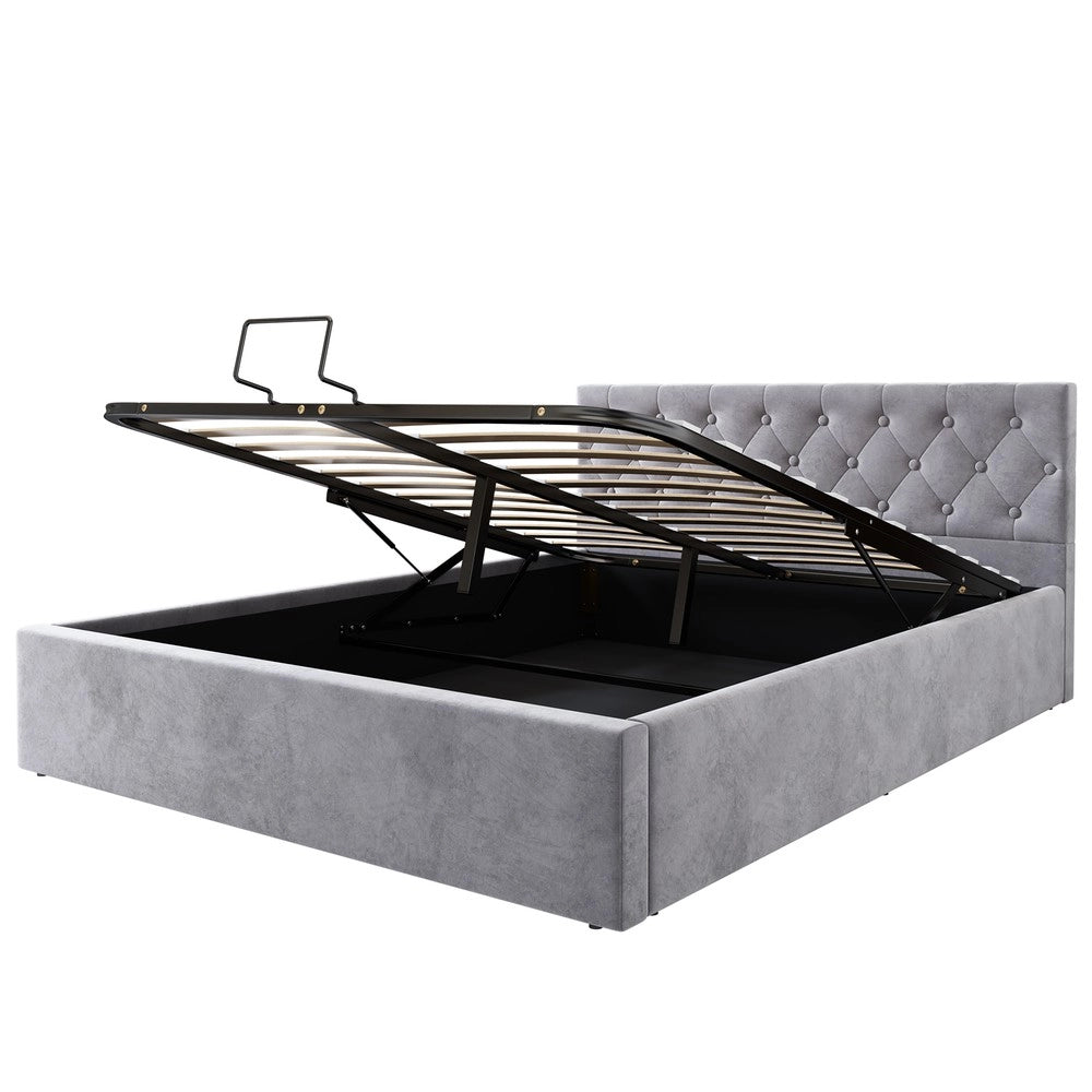 Letto Contenitore Imbottito Matrimoniale ¨C MINIMAL ¨C Grigio, Testiera con Bottoni, Rete a Doghe, Idraulico, 140x200