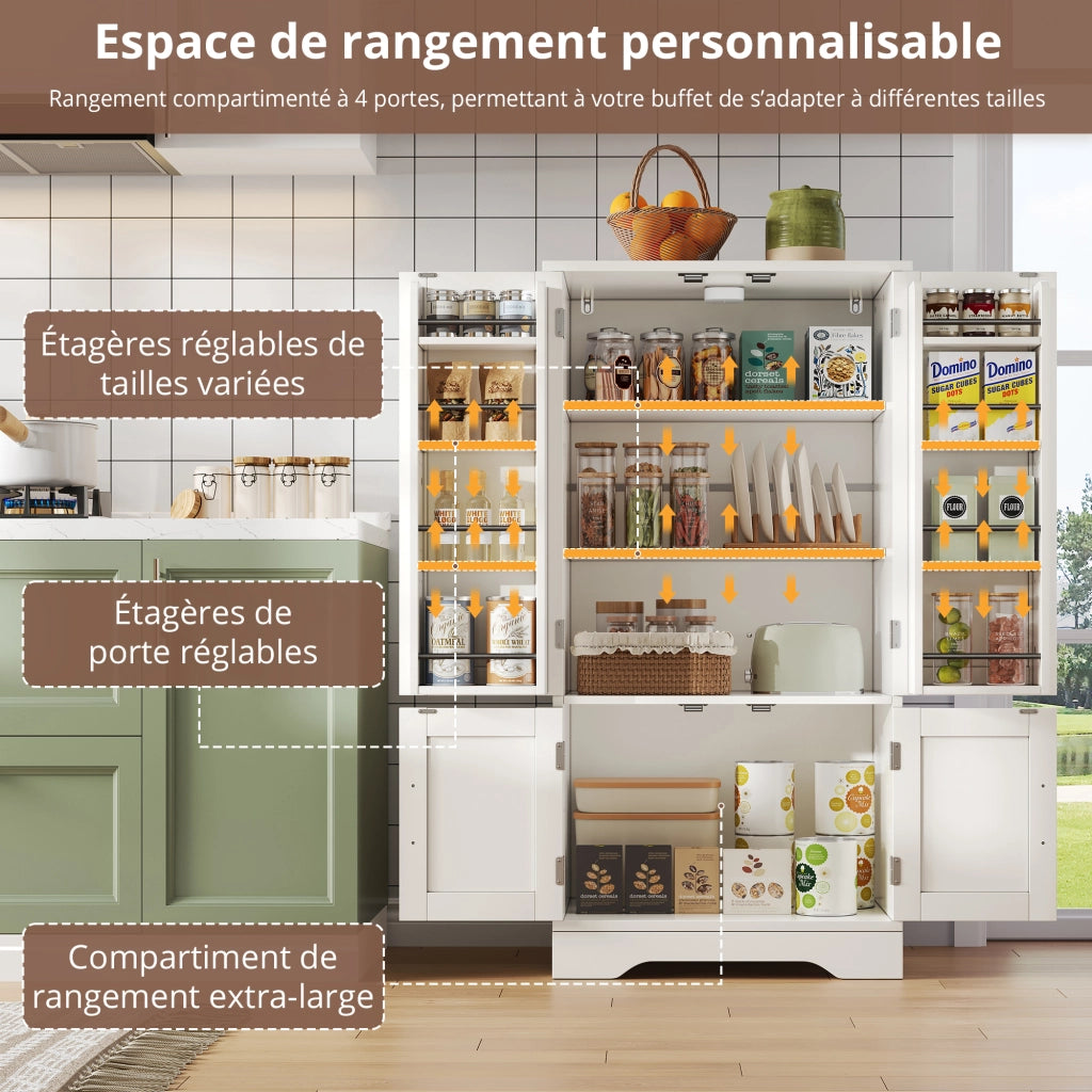 Credenza alta con LED sensore, 2 ripiani regolabili e ante ondulate, per cucina, in MDF bianco 120 × 60 × 40 cm