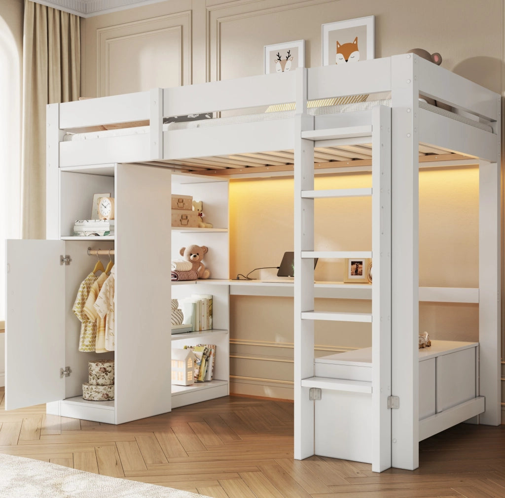 Letto a soppalco 90x200 con scrivania; armadio e LED; legno massello e MDF; bianco