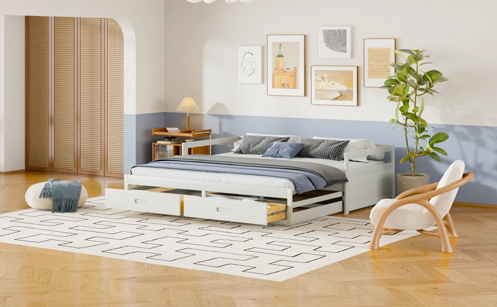 DESMIU Letto estraibile 90 × 200 cm 2 posti con 2 cassetti e rete estraibile, senza materasso, legno, bianco