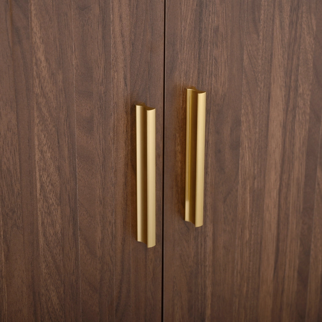 Credenza con venatura verticale, doppio cassetto e ripiani aperti in MDF effetto noce, 140 × 40 × 79,5 cm