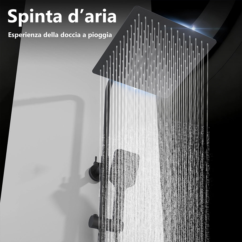 Miscelatore termostatico doccia con soffione 30x30cm e doccetta 25x10cm, colonna doccia cilindra nero