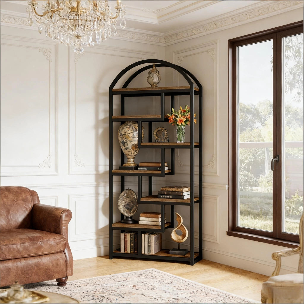 Libreria a 7 ripiani in MDF e metallo nero, scaffale industriale aperto con finitura marrone rustico, h 180 cm