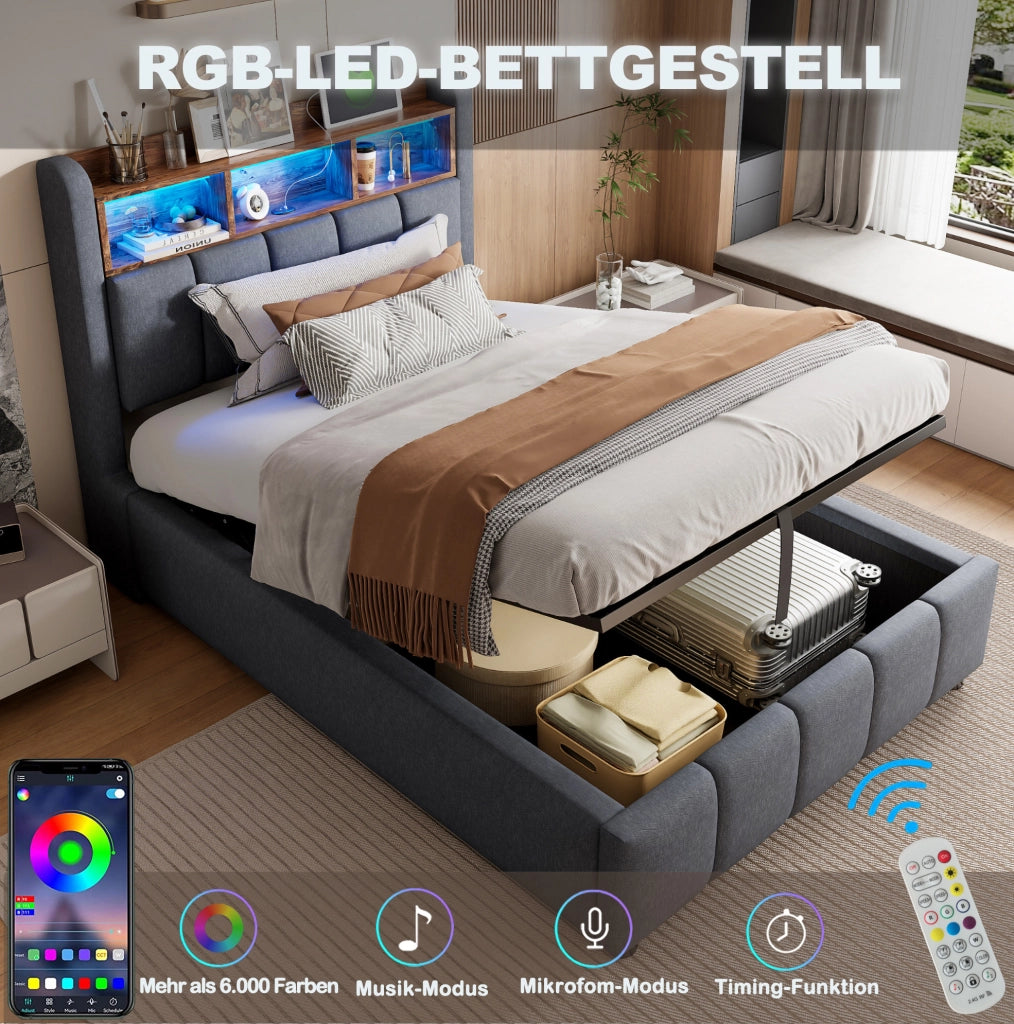 Letto imbottito 90x200 cm con LED; USB e vano contenitore; grigio; con materasso