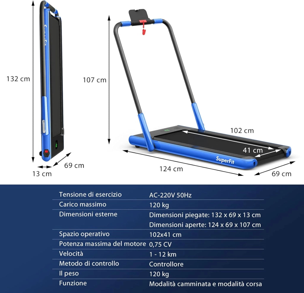 Tapis Roulant 2 in 1, Tapis Roulant Elettrico Pieghevole Salvaspazio da 0,75HP con App e Telecomando, Supporto per Cellulare, Display a LED e Altoparlante (Blu)