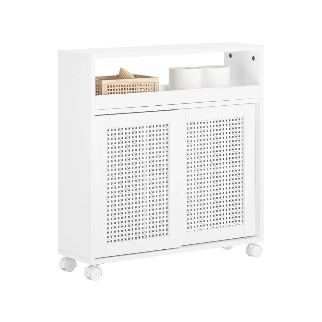 Mobile Nicchia Con Ruote Carrellino Salvaspazio Con Due Ante Scorrevoli In Rattan Mobile Bagno Bianco 20x65x70cm BZR119-W SoBuy