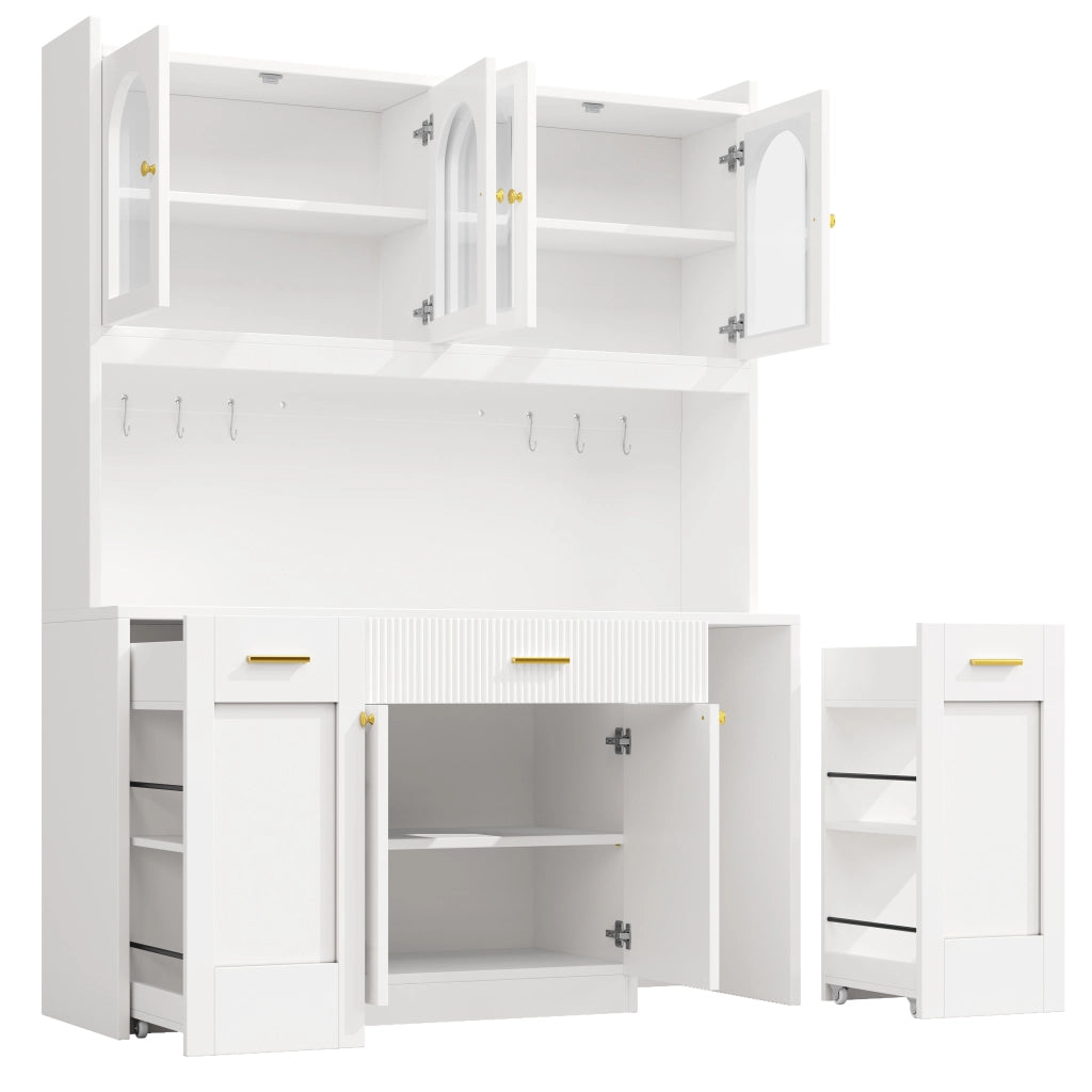 Credenza con 3 vetrine; LED RGB e vani scorrevoli - per cucina - 120x40x187 cm - bianco
