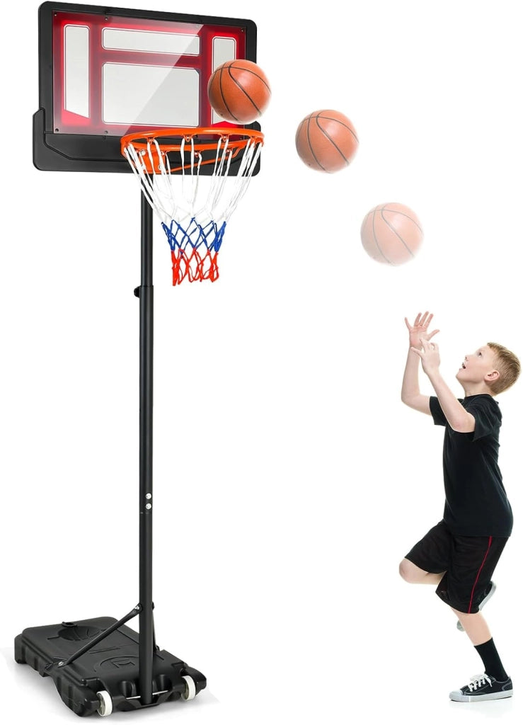 Canestro Basket da Interno ed Esterno Portatile e Regolabile in Altezza 90-210cm, Canestro da Basket per Bambini con Ruote, Incavo per Pallone e Tabellone Infrangibile