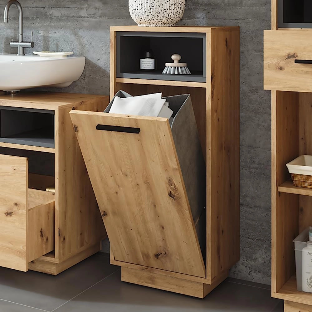 Mobiletto da bagno Beatrice, Rovere artigianale/antracite, 38 x 93 cm con tasca interna rimovibile