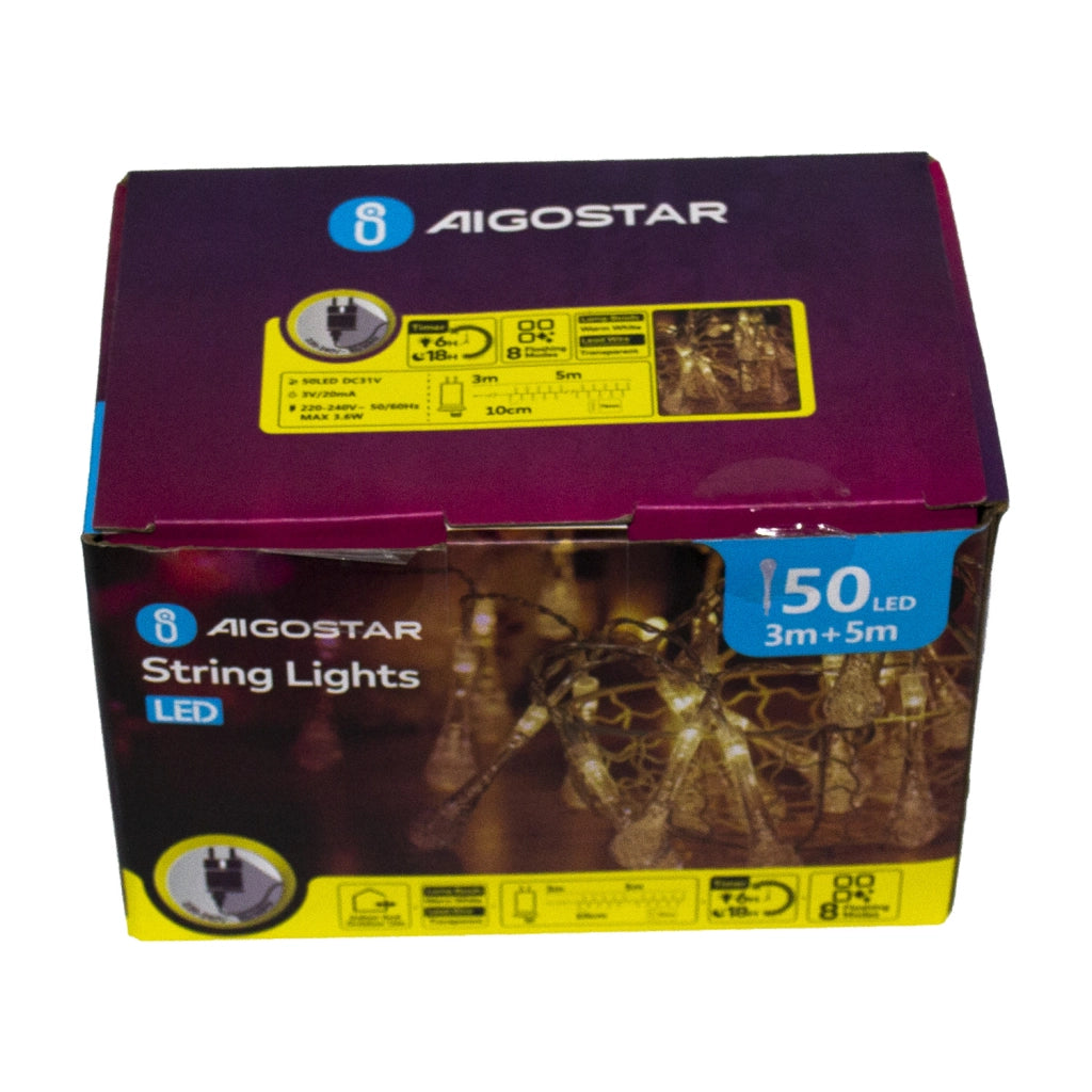 CATENA LUMINOSA GOCCIA AIGOSTAR 50 LED BIANCO CALDO