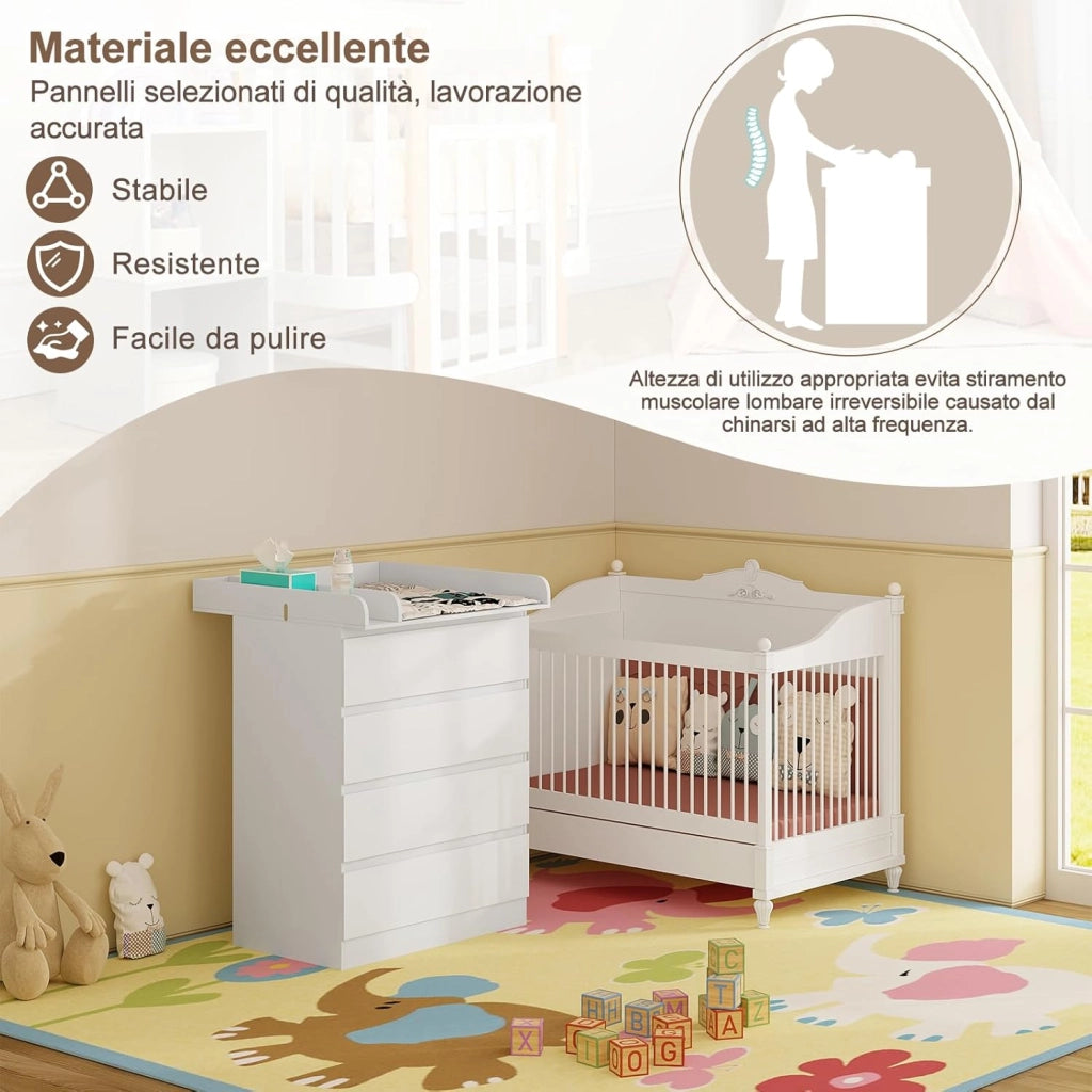 Mobile Fasciatoio per Bambini, Cassettiera con 4 Cassetti, Cassettone con Ripiano Fasciatoio Rimovibile, in Legno MDF e Truciolare, Bianco+Evidenzia Bianco