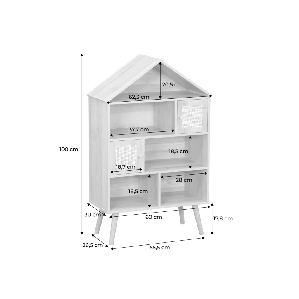 Libreria per bambini effetto legno e canna, 7 scomparti, marrone