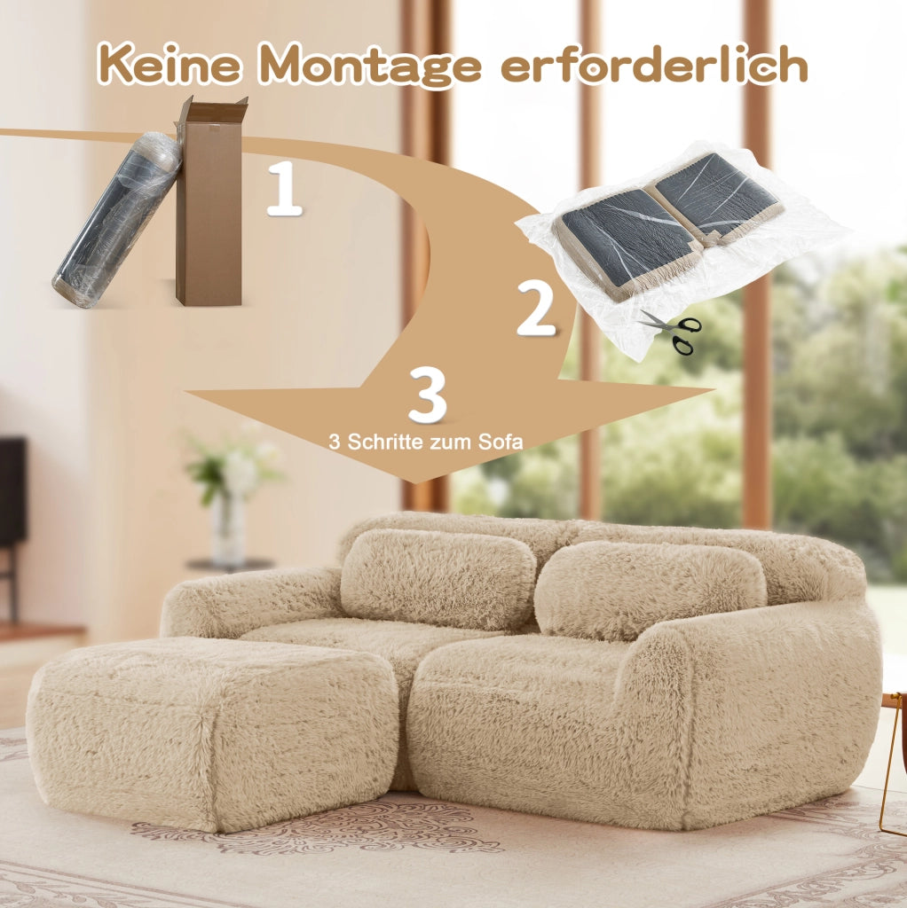 Divano modulare angolare 204x179x73 cm in tessuto plush cachi chiaro; senza montaggio