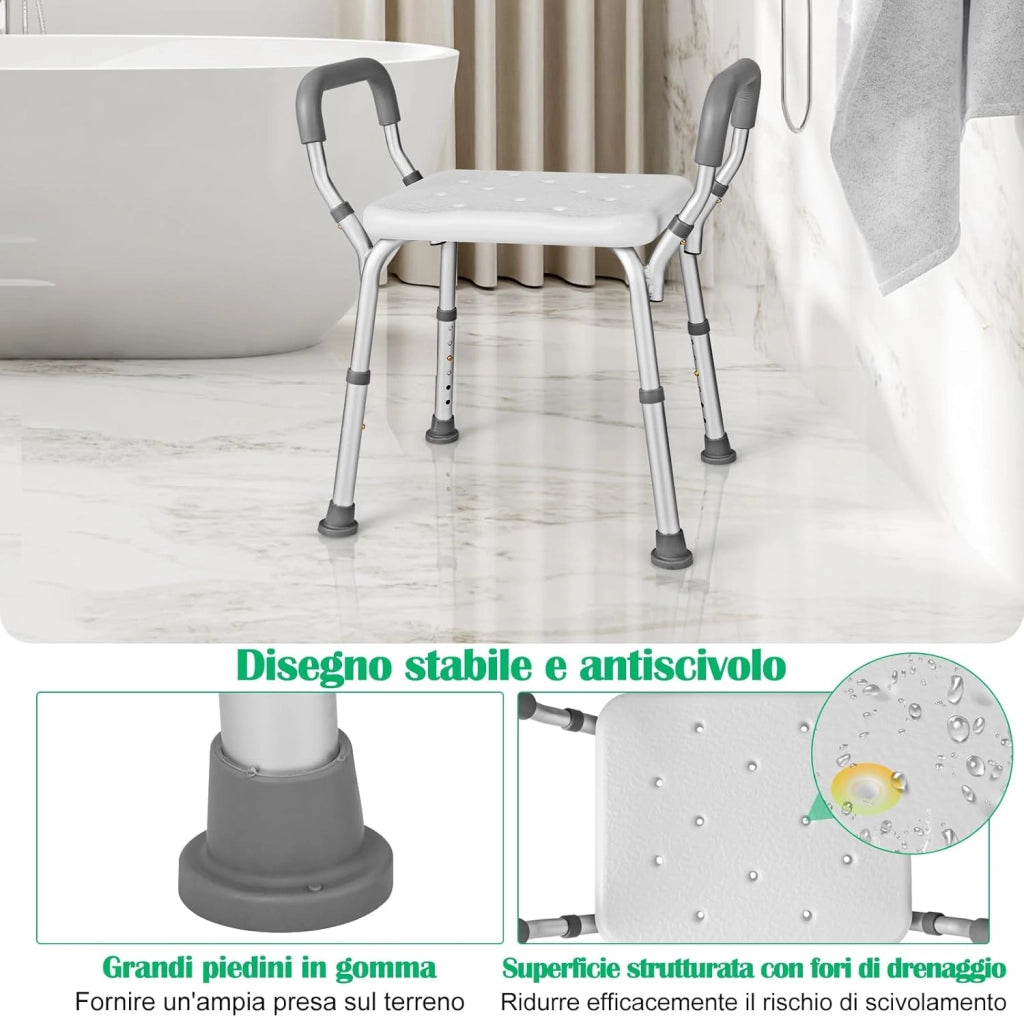 Sgabello Doccia, Sedia per Doccia Regolabile in 6 Altezze con Braccioli Imbottiti Staccabili e Piedini in Gomma Antiscivola, Portata 100 kg, Seggiolino da Bagno per Anziani (Blu) (Grigio)