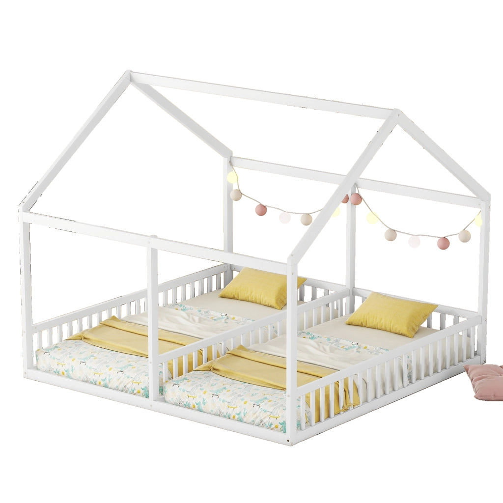 Letto Casetta 2 Posti 90 x 200 cm; con Sponda Centrale e Sponde; senza Materasso; Bianco