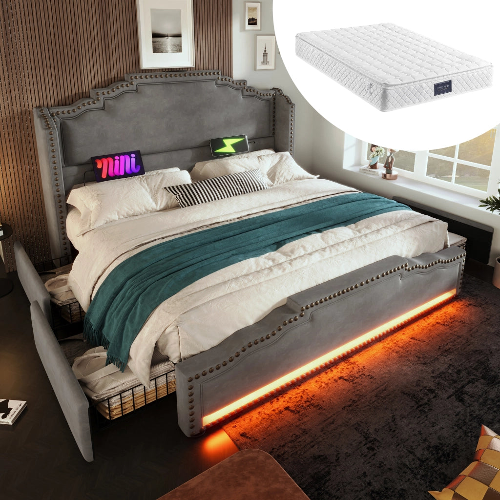 LETTO Contenitore 140x200 cm Velluto Grigio con materasso incluso