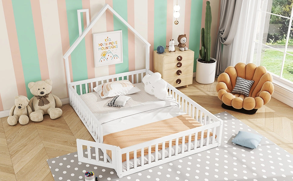 DESMIU Letto a casetta per bambini 140 × 200 cm 2 posti con barriera di sicurezza, senza materasso, pino bianco