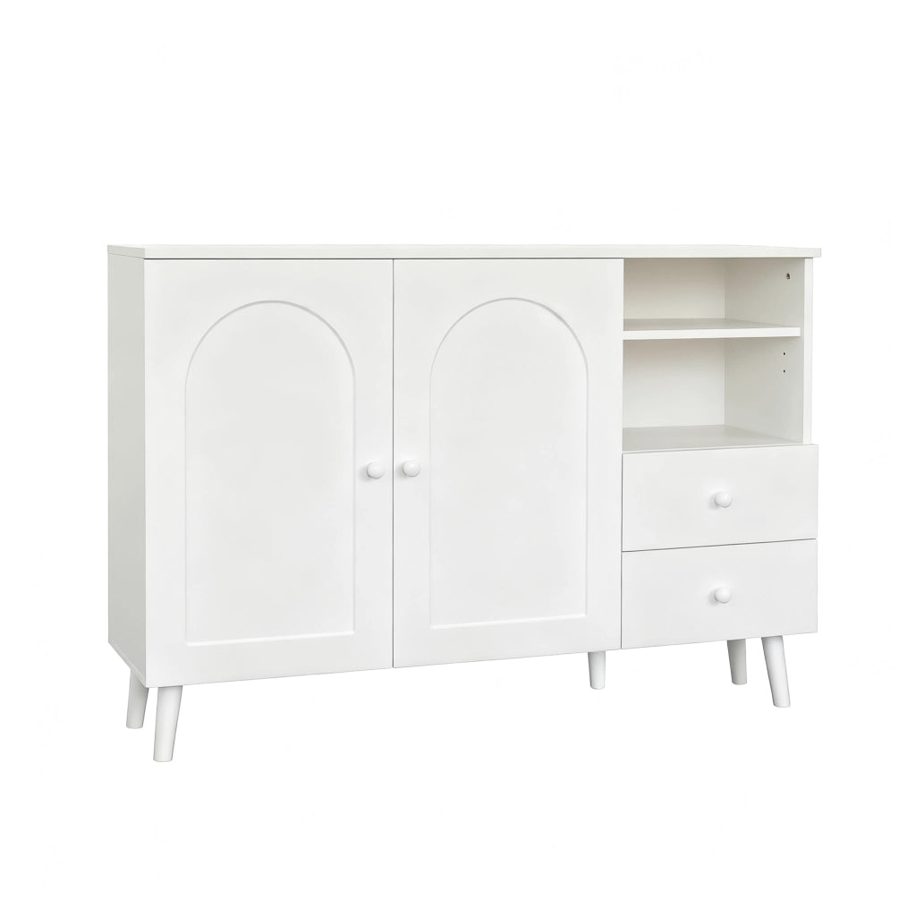 Sideboard 118x35x82 cm con ante curve in MDF e pannello truciolare bianco