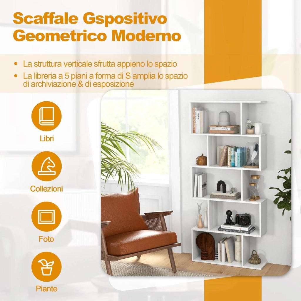 Scaffale a 5 Ripiani in Legno, Libreria Geometrica a Forma di S con Dispositivo Antiribaltamento, per Soggiorno Ufficio Camera da Letto, 70 x 23,5 x 158 cm (Bianco)