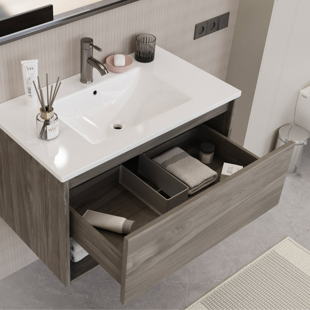 Mobile Bagno Sospeso 80 cm Lavabo e Specchio Milano Rovere