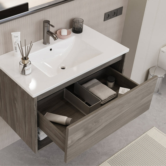 Mobile Bagno Sospeso 80 cm Lavabo e Specchio Milano Rovere