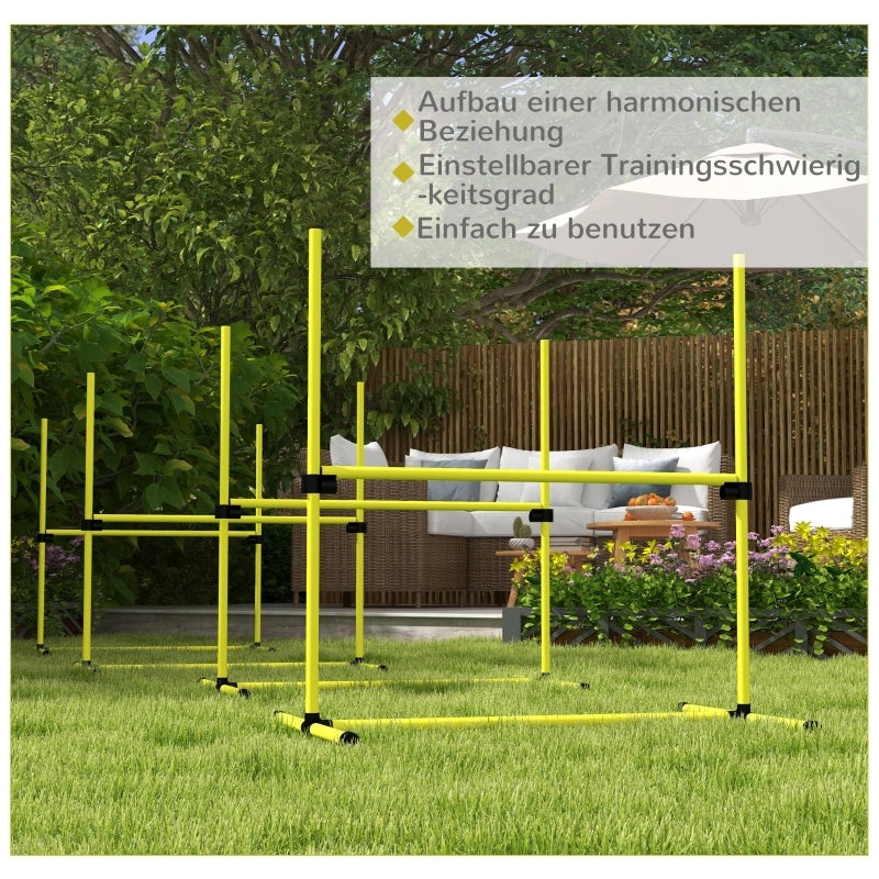 Set agility per cani con 4 ostacoli 2 pali slalom e 5 aste a terra regolabile in altezza in plastica gialla