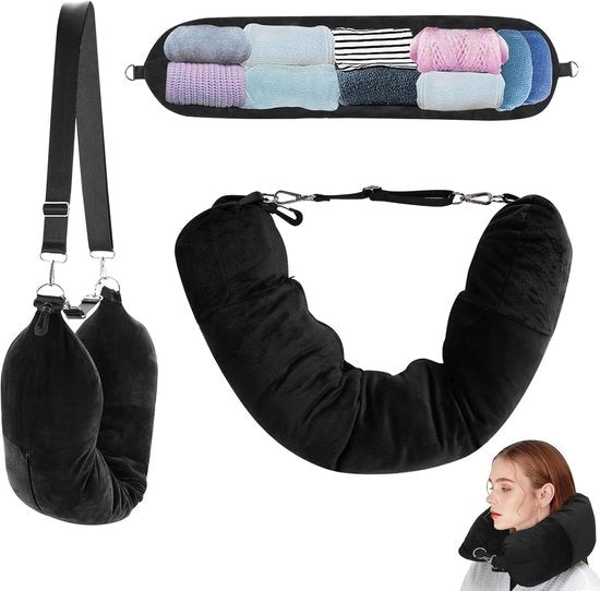 Cuscino auto - Cuscino auto con cintura regolabile e rimovibile - Cuscino auto a forma di U con cintura regolabile e rimovibile - Ideale per viaggi in auto o aerei (nero)