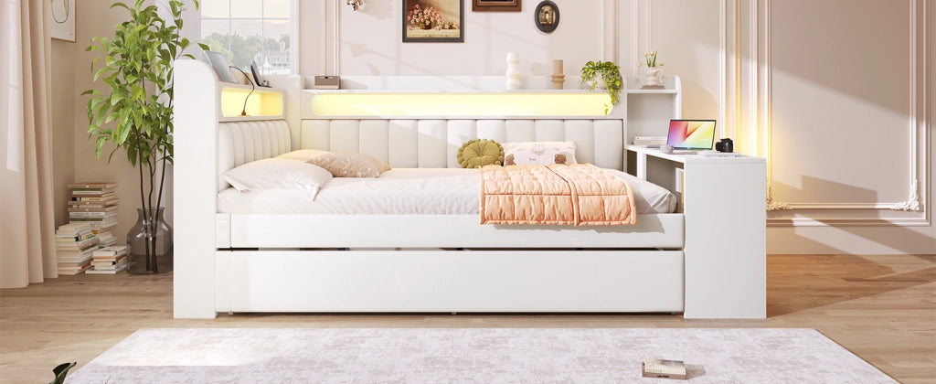 Daybed imbottito con USB, LED, letto estraibile e scrivania, 140x200 cm, bianco