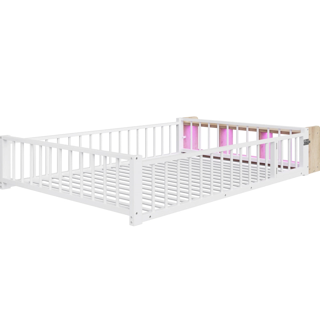 Letto per bambini ULEVR 140x200 cm con sponda di sicurezza, vano aperto e LED, metallo e MDF bianco
