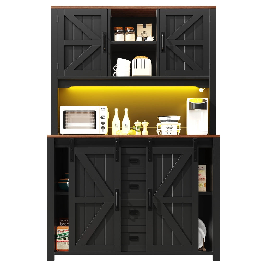 Armadio cucina alto con ante scorrevoli e illuminazione LED - Zephmum- 115x40x174,7 cm - bianco/nero