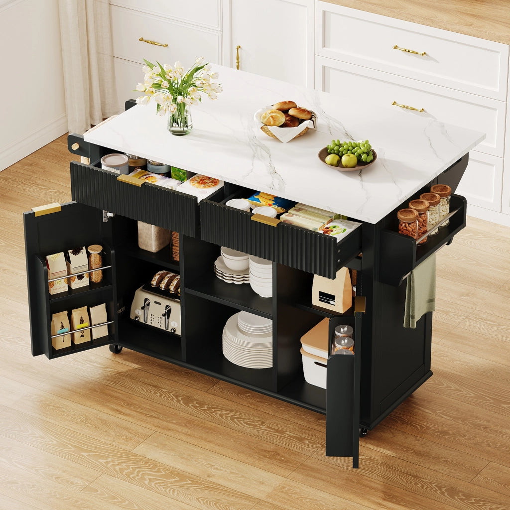 Isola da cucina su ruote 143 x 45/69 cm con piano ribaltabile, 2 cassetti, 2 ante e porta-spezie, finitura Nero/Naturale