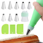 Set di 13 bocchette da spennellare - Decorazione di cupcake - Set di cottura - Acciaio inossidabile - Sacchetti da spennellare in silicone riciclabili - Raschiano da torta - Convertitore standard per torta - Decorazione di biscotti - Eclairs - Verde