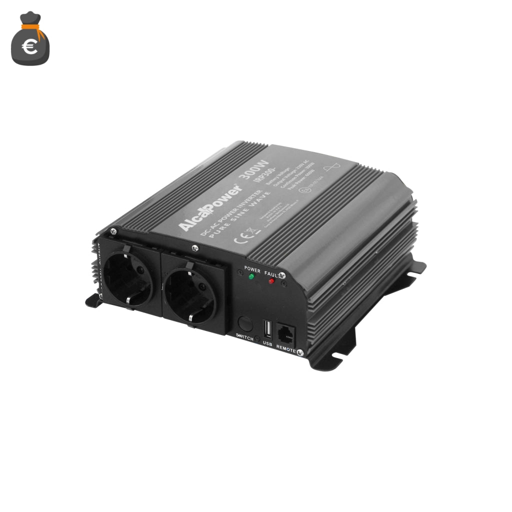 Alcapower Inverter Onda Sinusoidale Pura 300W, Ingresso 24V DC, Uscita 230V AC, 2 Prese Schuko, Porta USB 5V 500mA, Protezioni integrate, 600W Spunto