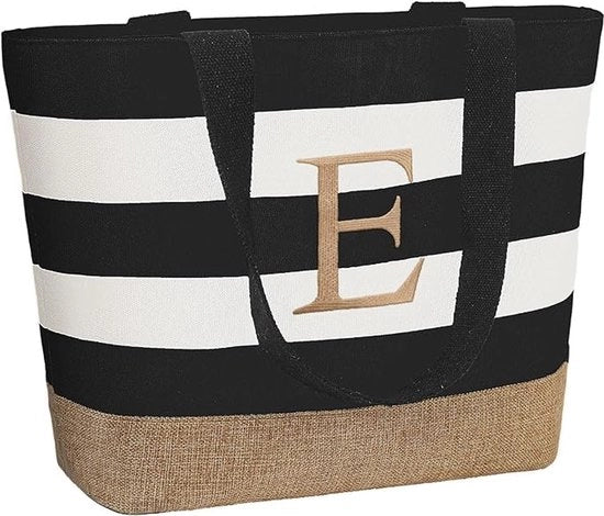 Borsa da spiaggia personalizzata, grande borsa con iniziali per donne, borsa per spesa con chiusura a righello, regali personalizzati per donne per amica, damigella d'onore, donna, collega (E)