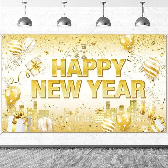 Bandiera di Natale Extra Grande - 185 x 110 cm - Stoffa - Decorazione di Buon Natale - Fondo di Capodanno - Disegno Bianco/Dorato - Bandiera di Festa