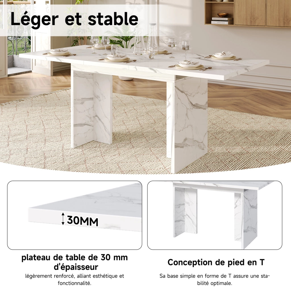 Tavolo da pranzo allungabile per 6-8 persone con piano spesso e gambe a t, per cucina e soggiorno, bianco marmo