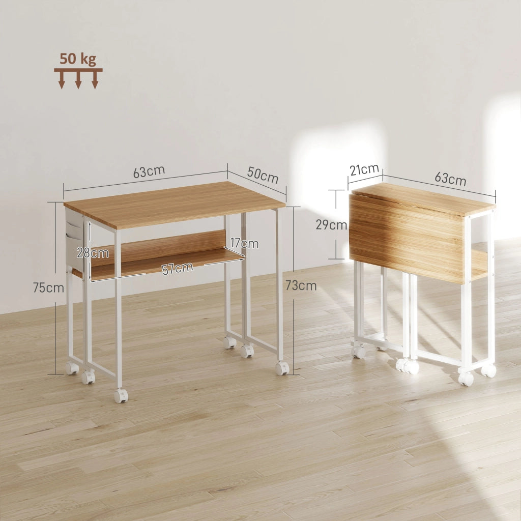 Scrivania Pieghevole con Ripiano e Ruote ¨C Zephmum ¨C Legno Naturale 63x50 cm