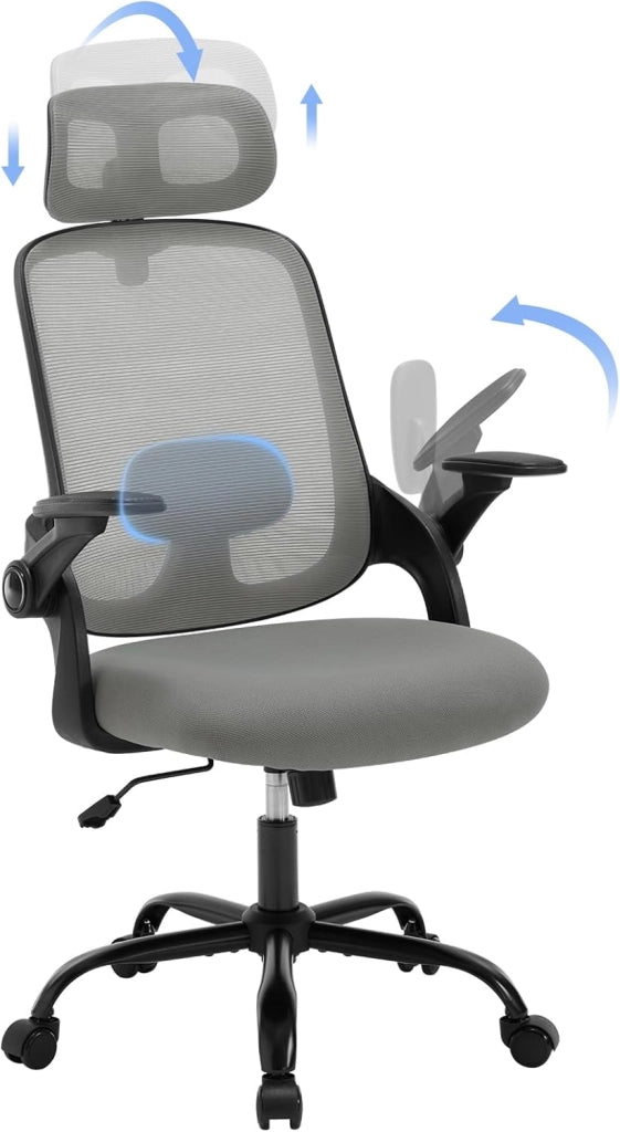 Sedia Ufficio Ergonomica con Poggiatesta e Braccioli Regolabili, Supporto Lombare, Poltrona Scrivania Girevole in Rete Traspirante Funzione Dondolo, Nero