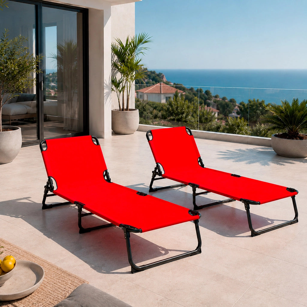 Lettino Sdraio Pieghevole Prendisole Con Schienale Reclinabile Regolabile Telaio In Metallo Nero Per Mare Piscina Giardino 187 x 53 x 24 Cm Rosso