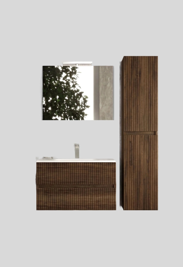 Mobile da Bagno Sospeso con Lavabo 100 cm e Specchio Urano Light Noce Scuro
