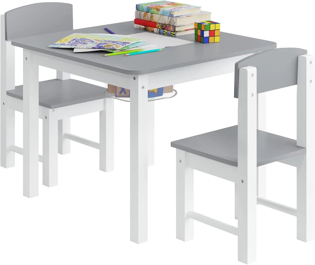 WOLTU Tavolo e Sedie per Bambini, Tavolino per Bambini con 2 Sedie, Scrivania per Bambini, con Base per Blocchi Reversibile e Tasca a Rete, per Cameretta, in MDF, Bianco e Grigio