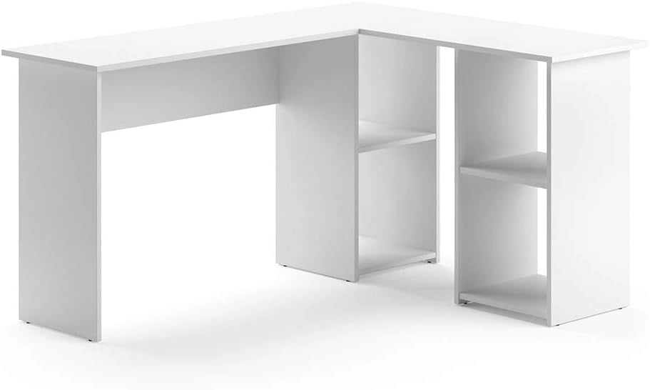 Scrivania angolare Carlo, Bianco, 136 x 112 cm, con ripiani aperti per una configurazione flessibile dello spazio di lavoro