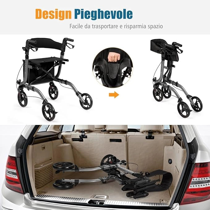 Deambulatore Pieghevole per Anziani Ultraleggero, con Sedile Borsa da Spesa e 4 Ruote Freno a Mano, Rollator Altezza Regolabile, Capacità 136kg, Lega di Alluminio, Nero (Grigio)